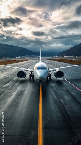 Aircraft Ready for Takeoff at Sunset on an Airport Runway in a Vibrant Sky