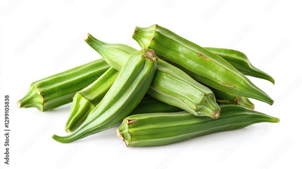 Fresh okra pods arranged in a floating composition against a white background, showcasing their rich green hue and ridged texture. Fresh okra pods arranged in a floating composition against a white background, showcasing their rich green hue and ridged texture.