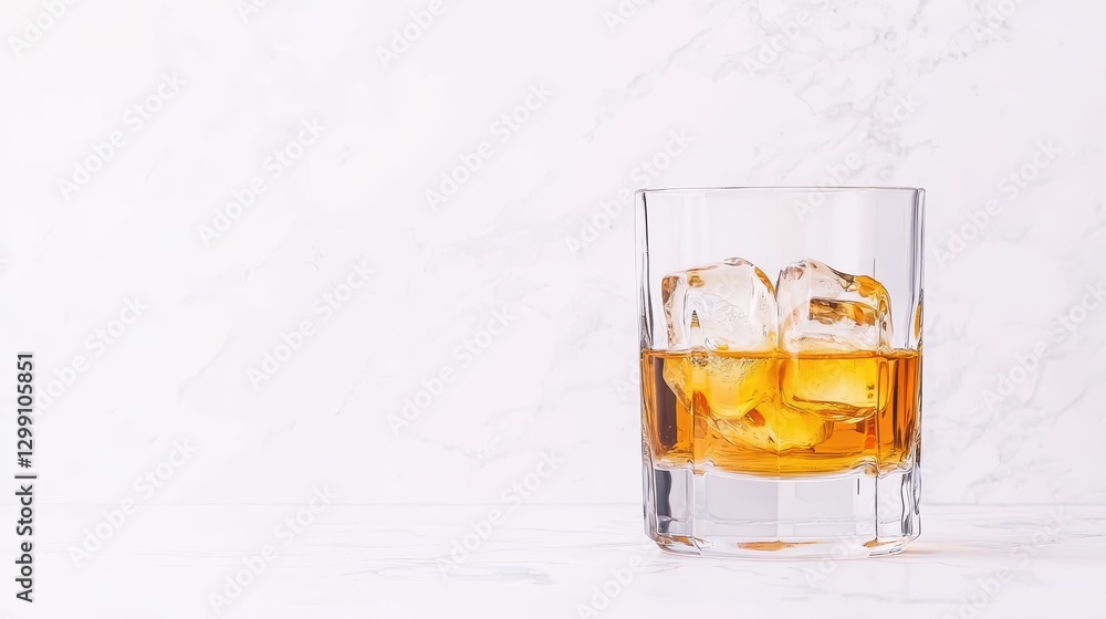 Glass of Whiskey with Ice Cubes on Marble Background Glass of Whiskey with Ice Cubes on Marble Background