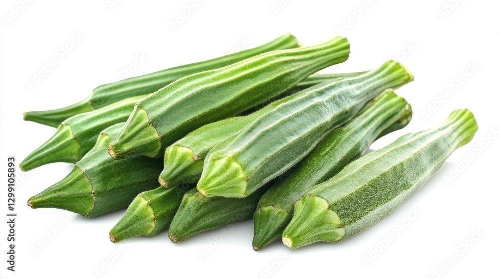 Fresh okra pods arranged in a floating composition against a white background, showcasing their rich green hue and ridged texture. Fresh okra pods arranged in a floating composition against a white background, showcasing their rich green hue and ridged texture.