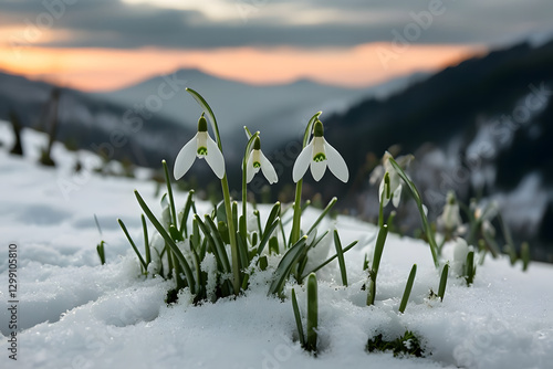 Snow covered grass, Snowdrops Emerging From Snow With Mountains In Background