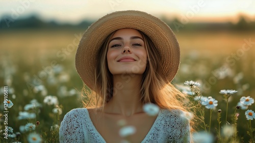 Smiling Woman Enjoying a Sunny Day in a Blooming Flower Field