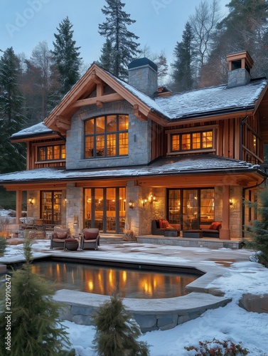 Cozy Mountain Retreat With Warm Lights During Winter Evening Surrounded by Sn...