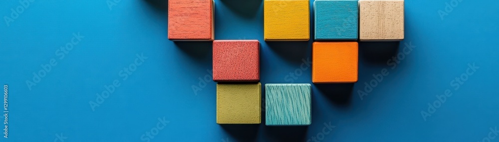 Fototapeta premium Four colorful blocks—red, yellow, green, and blue—are meticulously arranged in a triangle formation on a vibrant blue surface, creating a playful and visually appealing scene.