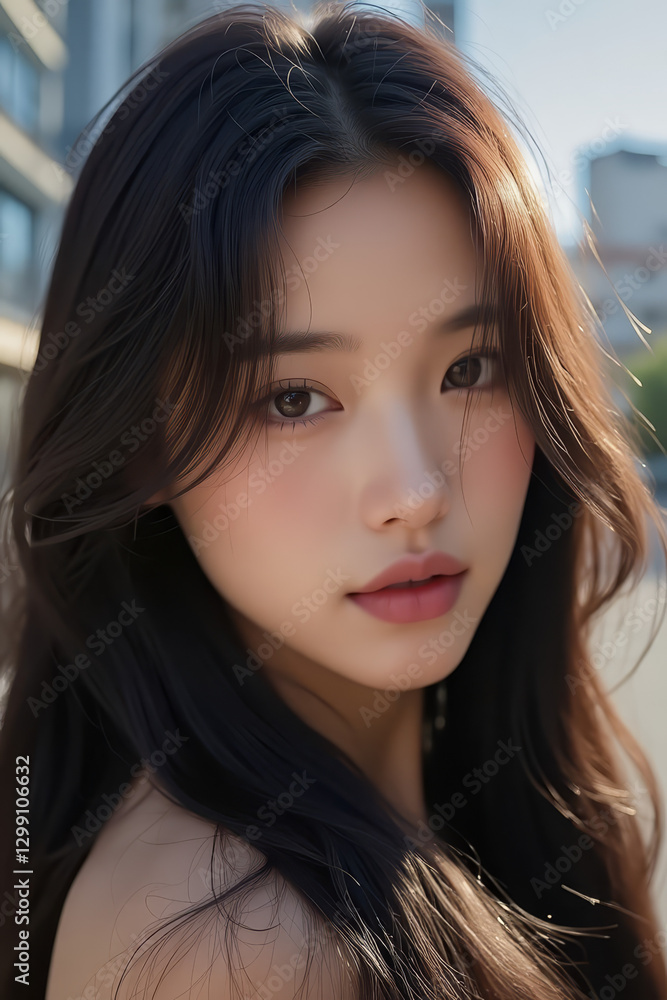 Obraz premium Asian Beautiful Female taking a Selfie Photo - Profile Picture - Young Woman outside on Sunny Day in the City - Eastern Lady in Fashionable Clothing - Modelling for Camera Social Media