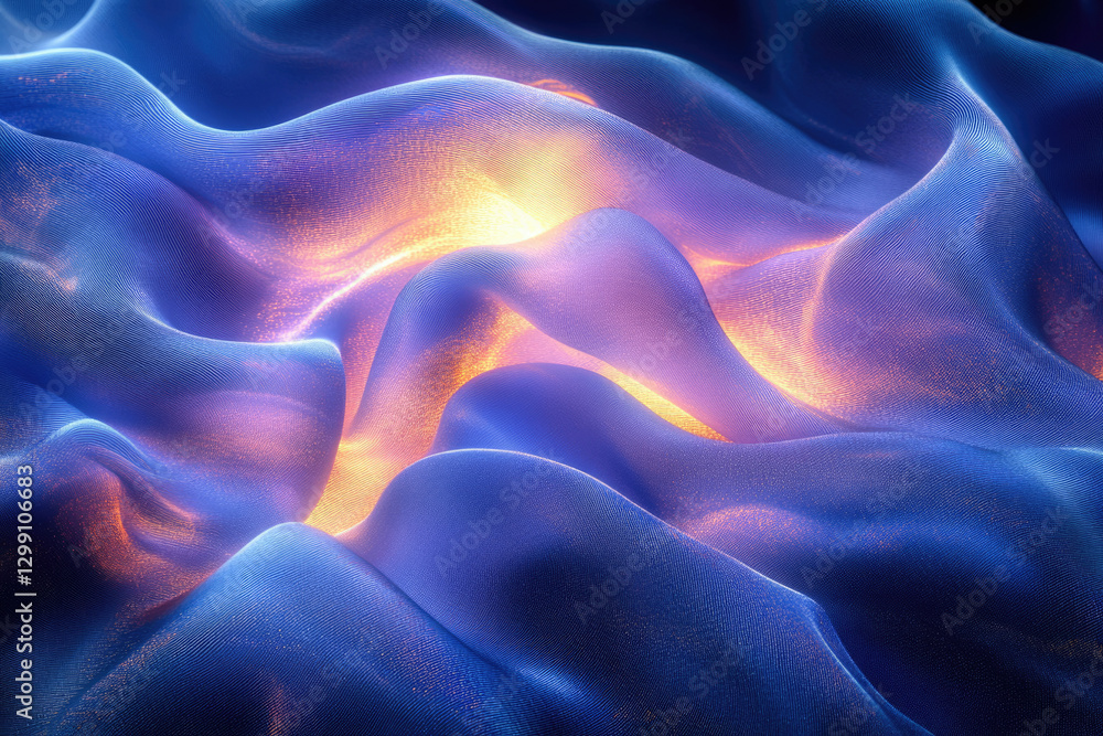 Obraz premium Abstract image of flowing, luminous blue fabric with warm orange glow at its center.