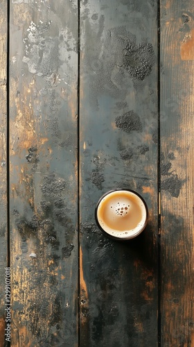 Coffee Resting in a Cup on a Rustic Wooden Table With a Textured Surface in t...