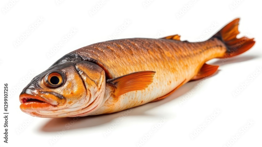 fresh fish with orange and silver scales on clean white background. culinary ingredient, seafood dish preparation, menu design, healthy food article illustration. fresh fish with orange and silver scales on clean white background. culinary ingredient, seafood dish preparation, menu design, healthy food article illustration.