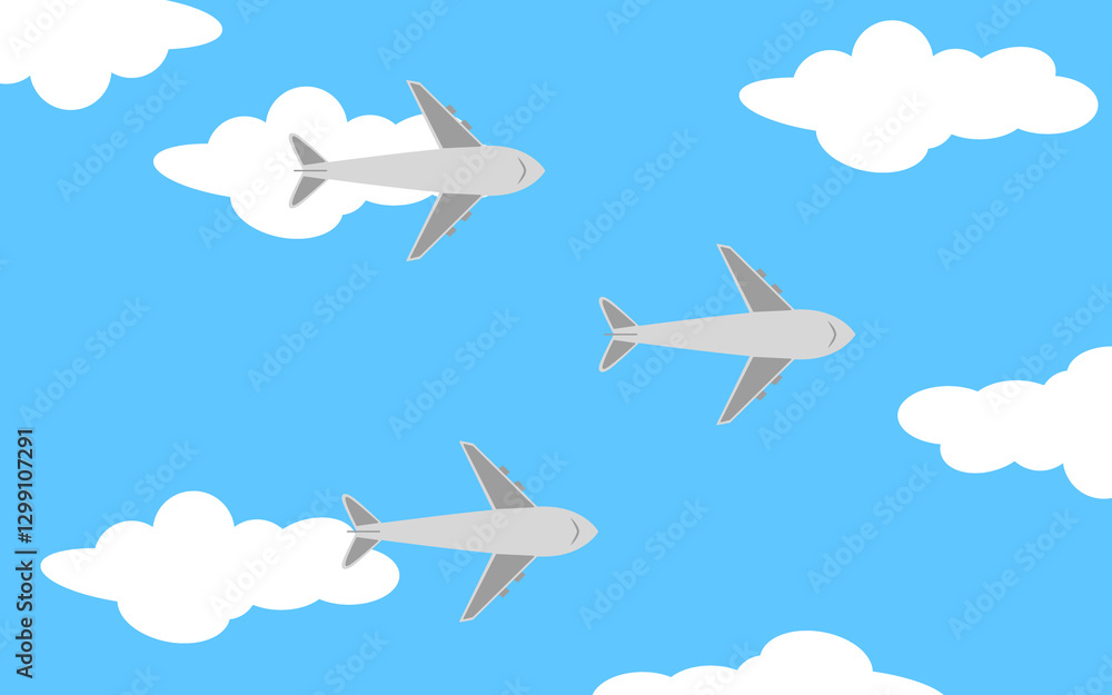Flat-style airplane illustration flying among clouds in the blue sky. Ideal for travel, aviation, tourism, and transportation concepts in digital design and promotional materials. Flat-style airplane illustration flying among clouds in the blue sky. Ideal for travel, aviation, tourism, and transportation concepts in digital design and promotional materials.