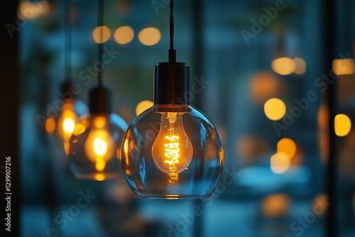 Warm Glow of Hanging Light Bulbs in a Modern Indoor Setting During Evening Hours