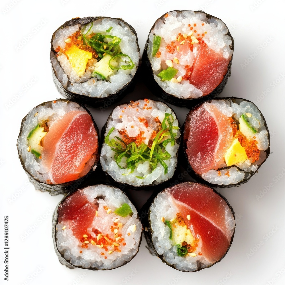 Flat lay of 6 sashimi rolls on white background Flat lay of 6 sashimi rolls on white background