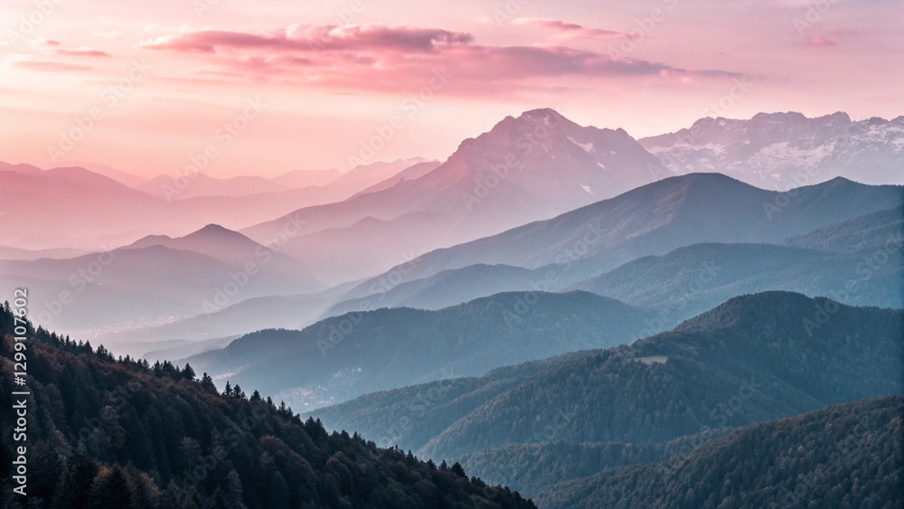 Fototapeta premium sunrise over the mountains, minimal background in pastel pink and blue colors