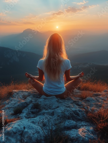 Meditation at Sunset by a Tranquil Mountain Lake Surrounded by Peaks and Nature
