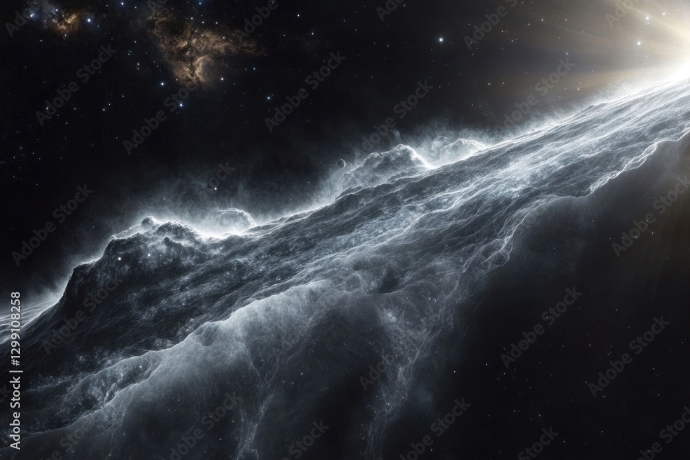 Fototapeta premium A cosmic scene with a sloping, textured structure resembling a cloud or mist in space, illuminated by a light source with stars in the background