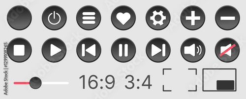 Online music, video player vector buttons in a 3D modern design. UI play and stop buttons with a neomorphic graphic interface. Isolated button set for video apps, featuring playlist control icons 
