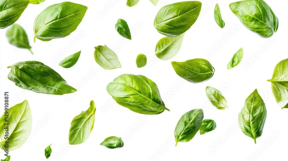 Vibrant fresh basil leaves floating freely on a white background, capturing their rich green color. Vibrant fresh basil leaves floating freely on a white background, capturing their rich green color.