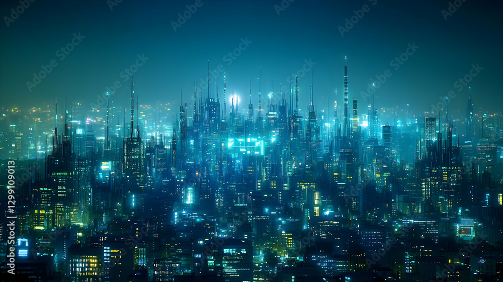 Abstract Futuristic Cityscape Illuminated With Blue And Green Lights During Evening Abstract Futuristic Cityscape Illuminated With Blue And Green Lights During Evening