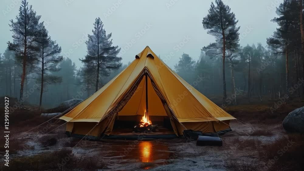 Campfire warmth in a serene forest setting at dusk surrounded by misty trees and rocky terrain Campfire warmth in a serene forest setting at dusk surrounded by misty trees and rocky terrain