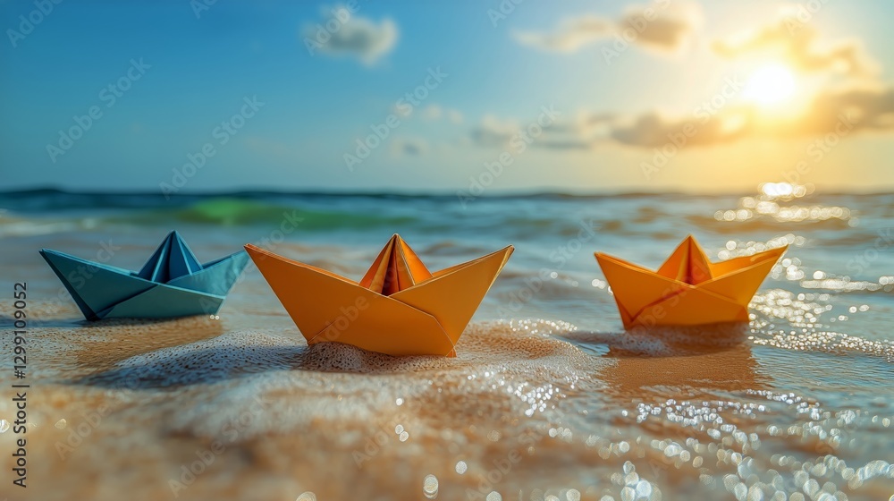 Cute Orange Paper Boats Resting on the Sandy Beach Near the Calm Ocean on a Sunny Day Cute Orange Paper Boats Resting on the Sandy Beach Near the Calm Ocean on a Sunny Day