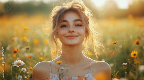Joyful Woman Smiles in a Sunny Field Filled With Flowers During Golden Hour