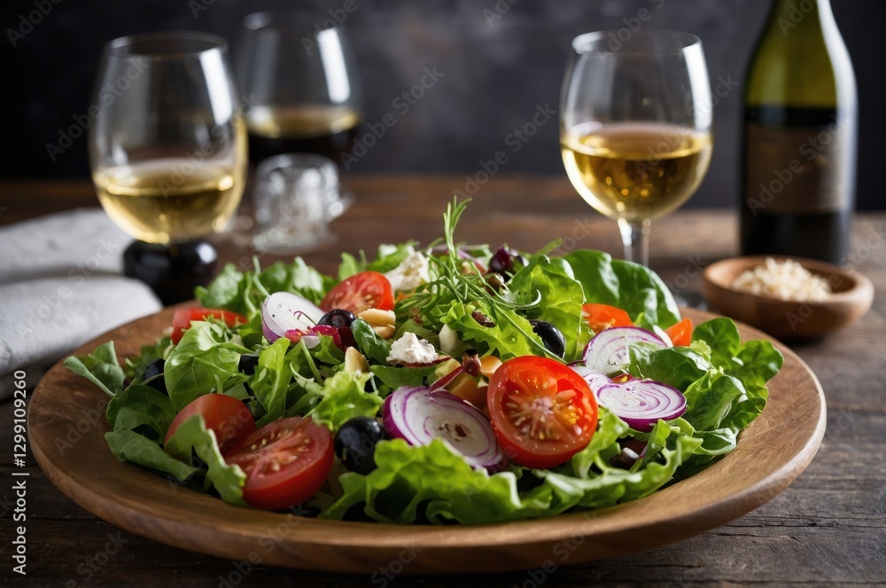 Fresh garden salad served with white wine Fresh garden salad served with white wine