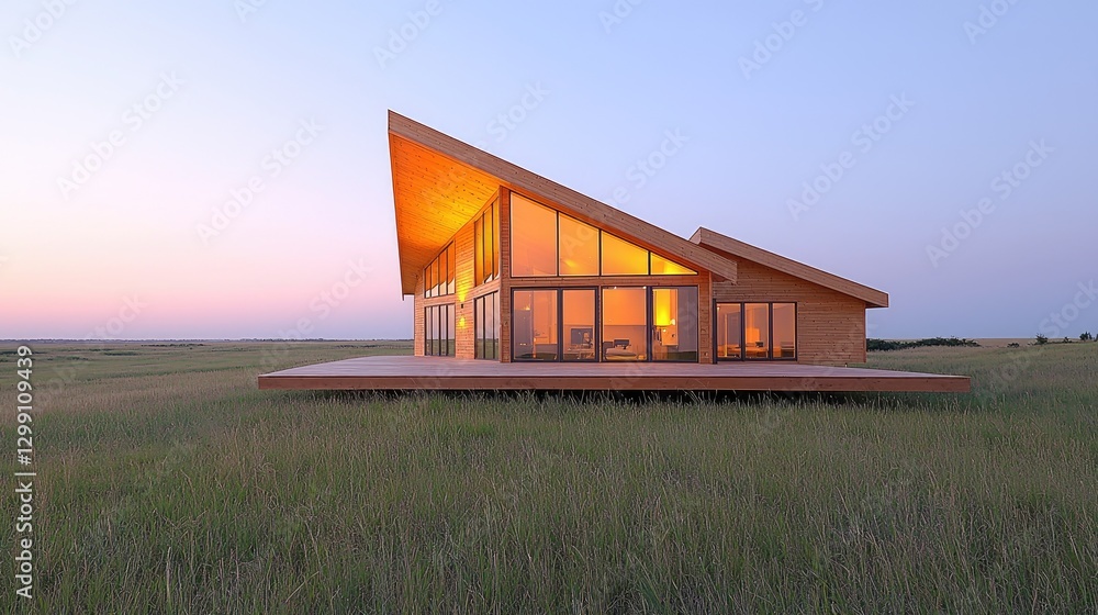 Obraz premium Modern house, sunset prairie, interior view, real estate
