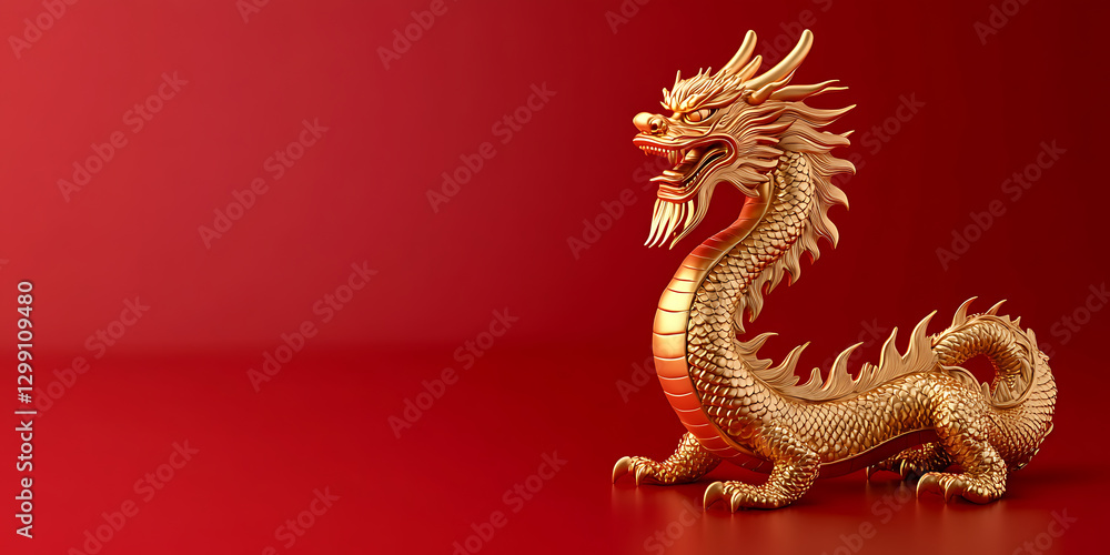 Golden dragon statue against a red background, symbolizing power, good fortune, and prosperity, perfect for festive occasions and cultural celebrations. Golden dragon statue against a red background, symbolizing power, good fortune, and prosperity, perfect for festive occasions and cultural celebrations.