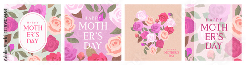 Creative concept of Happy Mother's Day cards set. Modern art design with roses, hearts and modern typography. Templates for celebration, ads, branding, banner, cover, label, poster in trendy colors