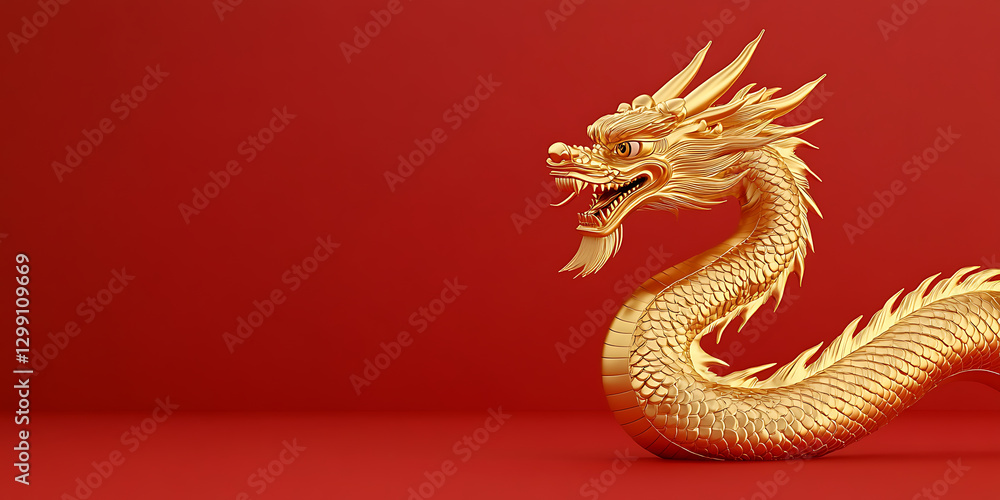 Obraz premium A golden oriental-style dragon set against a solid red background. Scales shimmer, creating a powerful and auspicious symbol, bringing a sense of strength.