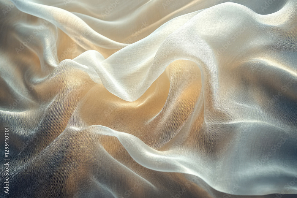 Fototapeta premium Draped sheer fabric, showcasing its delicate texture and soft, light beige and white tones.