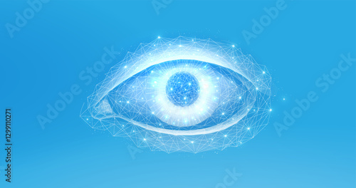 3D eye on blue background. Digital vision, ophthalmology health, face recognition.