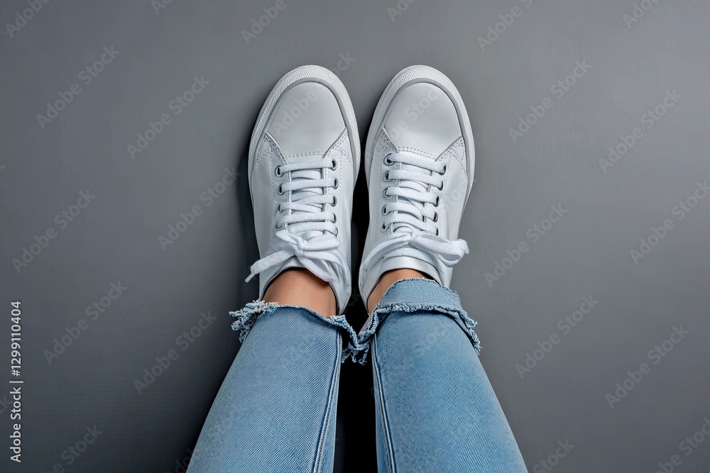 Photo of white sneakers and blue jeans on a woman's feet, legs raised in the air. Gray background. Minimalism. Stock photo. Studio shot. High detail. High-resolution photography. Photo of white sneakers and blue jeans on a woman's feet, legs raised in the air. Gray background. Minimalism. Stock photo. Studio shot. High detail. High-resolution photography.
