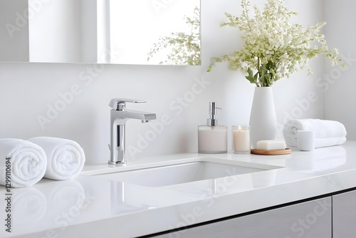 Stylish white bathroom interior design with undermount basin modern home high-quality image minimalist aesthetic bright lighting