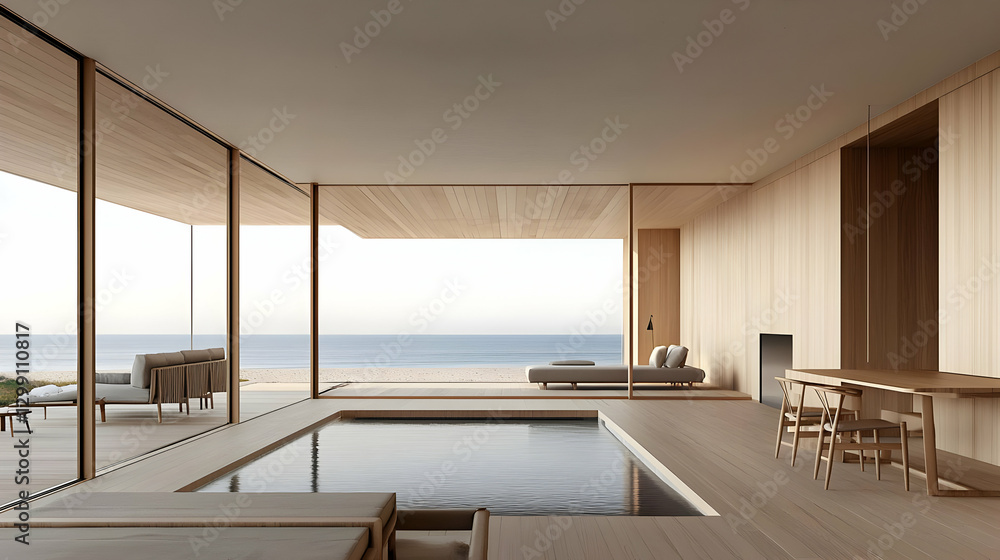 Fototapeta premium Modern Wooden Beach House Interior With Pool And Ocean View On A Sunny Day