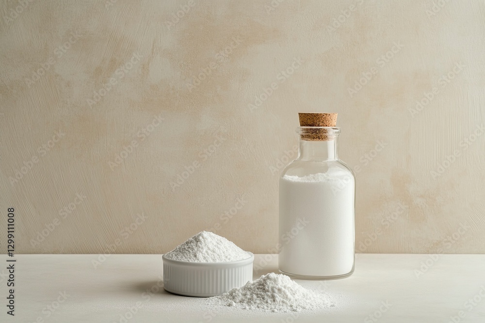 Photograph of a bottle and container with white powder on the table, front view, solid color background, light gray tone, light tones, light beige wall, simple style, natural lighting Photograph of a bottle and container with white powder on the table, front view, solid color background, light gray tone, light tones, light beige wall, simple style, natural lighting