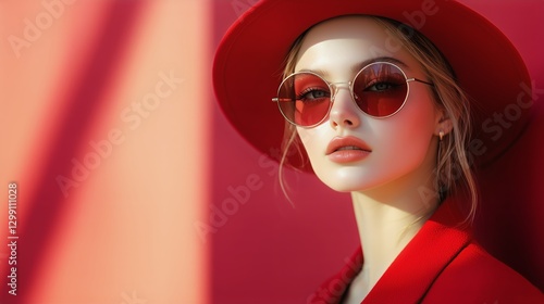 Fashionable Woman in Red Hat and Oversized Sunglasses Posing Against Solid Re...