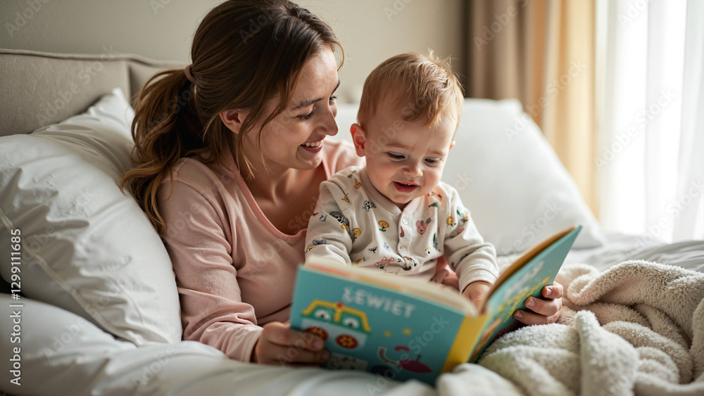 Tender Moment: Mother and Baby Reading in Cozy Bed - Perfect for Parenting Blogs and Family-Oriented Advertising Tender Moment: Mother and Baby Reading in Cozy Bed - Perfect for Parenting Blogs and Family-Oriented Advertising