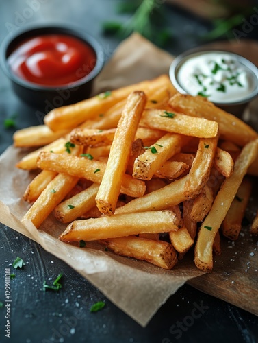Crispy Golden Fries Served With Creamy Sauce and Ketchup on a Dark Table