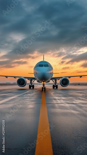Aircraft Ready for Takeoff at Sunset on an Airport Runway in a Vibrant Sky