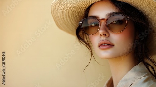 Young Woman Wearing Stylish Sunglasses and Large Hat During Sunny Day Outdoors