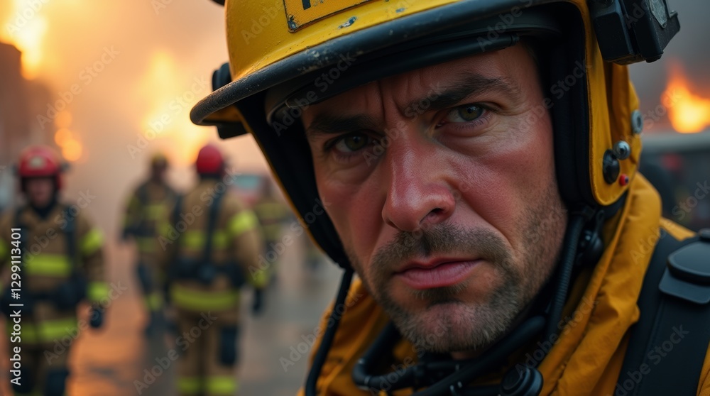 Firefighter with the team of Firefighters doing their job, in Crisis Emergency Response, Fire Firefighter with the team of Firefighters doing their job, in Crisis Emergency Response, Fire