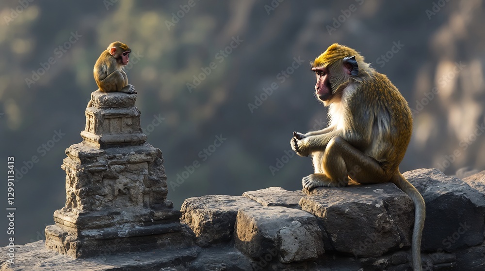 Obraz premium Rhesus Macaque sitting on an ancient temple ruin its intelligent eyes scanning the surroundings golden fur glowing under the warm afternoon sun