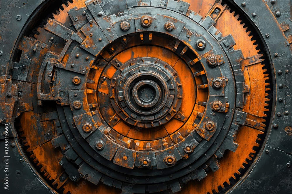 Fototapeta premium Intricate rusty gears and cogs form a mesmerizing circular pattern, showcasing industrial machinery's complex beauty.
