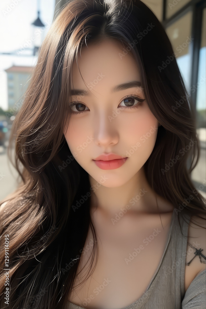Naklejka premium Asian Beautiful Female taking a Selfie Photo - Profile Picture - Young Woman outside on Sunny Day in the City - Eastern Lady in Fashionable Clothing - Modelling for Camera Social Media