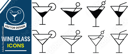Wine glass icon, vector isolated on white background. Set of cocktail glasses, drinks glass icon vector silhouette. Vector illustration.