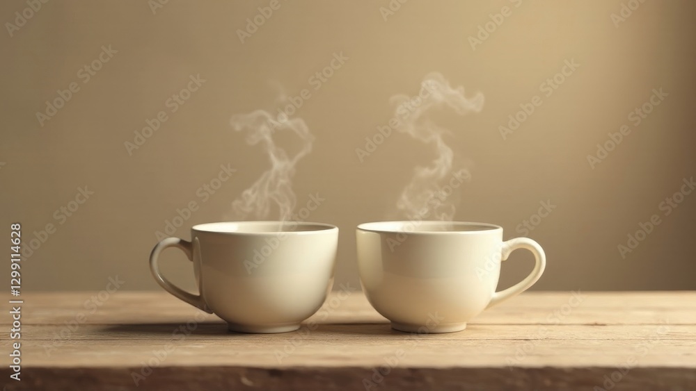 Obraz premium Two steaming mugs of hot beverage on rustic wood surface, a peaceful morning scene