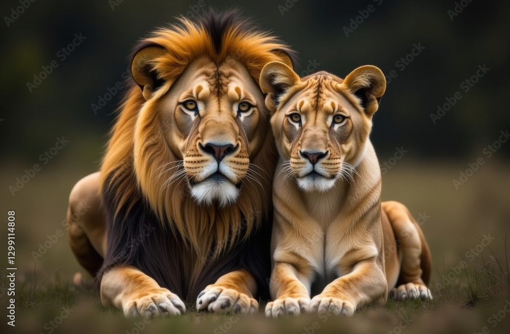 Majestic lion and lioness resting on grass in natural habitat Majestic lion and lioness resting on grass in natural habitat
