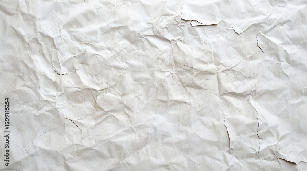 Obraz premium A textured, wrinkled white paper sheet lies flat, with a smaller piece of paper partially protruding from one edge, creating an intriguing contrast in shapes and layers.