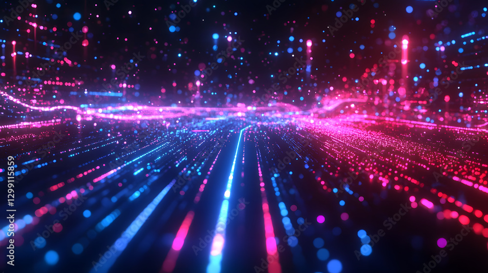 Obraz premium Abstract digital art depicting a futuristic, glowing landscape with pink and blue particles and lines. Ideal for tech, AI, or data visualization projects.