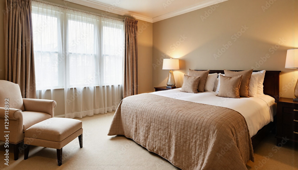 Fototapeta premium Cozy bedroom with soft lighting and elegant furniture